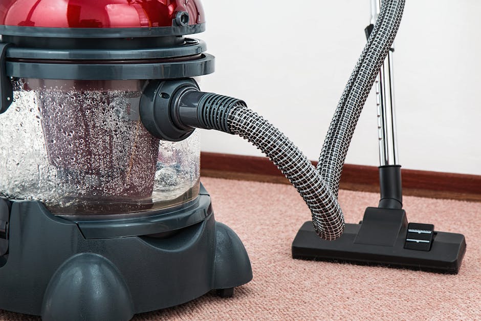 Close-up of a upright vacuum cleaner with a transparent dust container, partially filled with debris, connected to a flexible hose leading to a floor attachment on a pinkish-beige carpet. The vacuum i